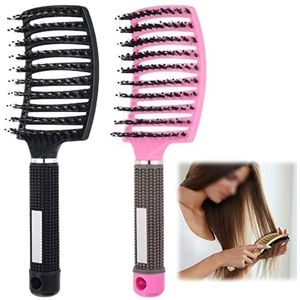 Geventileerde ontwarrende haarborstel Ontwarrende haarstylingborstel Professionele ontklitborstel met handvat Haarborstel met varkenshaar voor lang dik krullend golvend droog of beschadigd haar 2stuks