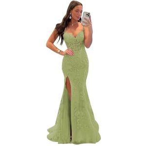 Dames glitter tule galajurk lang voor vrouwen kanten applicaties avondfeestjurken met split, Olijfgroen, 7XL