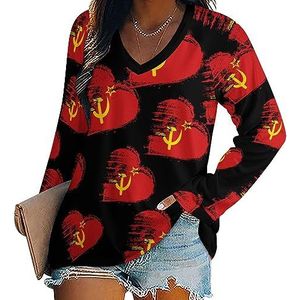 I Love Sovjet-Unie Hart USSR vlag vrouwen casual T-shirts met lange mouwen V-hals bedrukte grafische blouses Tee Tops XL