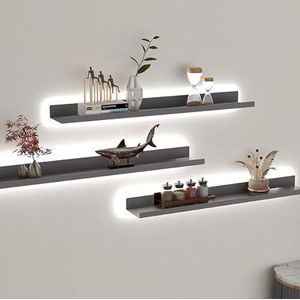 HXRAXINWN Drijvende wandplanken, 3 sets lange zwevende planken, wandgemonteerde zwevende planken, creatieve zwarte rekken led licht metalen planken, moderne plank voor woonkamer slaapkamer badkamer