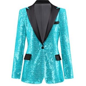 Leader of the Beauty Dames pailletten blazer pak jas prom party blazer inkeping revers pailletten vrouwen sprankelende jas, Turkoois, XS