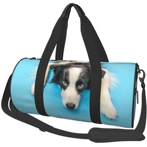 Grappige Puppy Hond Border Collie Blauwe Achtergrond, Grote Capaciteit Reizen Plunjezak Ronde Handtas Sport Reistas Tote Bag Fitness Bag, zoals afgebeeld, Eén maat