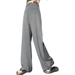 Dames Straight Suit Pant Palazzo Elastische High Waisted Casual Business Wijde Pijpen Broek Met Zakken,Grijs,L