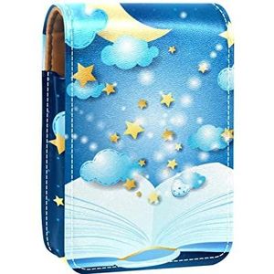 Make-up Lipstick Case voor Buiten Boek Blauw Nachthemel Maan Sterren Draagbare Lippenstift Organizer met Spiegel Dames Mini Make-up Tas Neemt Tot 3 Lippenstift