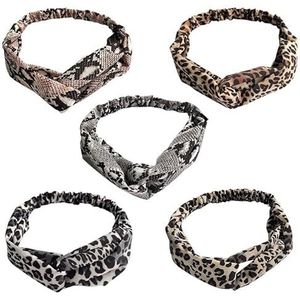 BOSREROY Haarbanden met luipaardprint voor dames, 5 stuks, haarbanden met kruisknoop, wrap voor sport