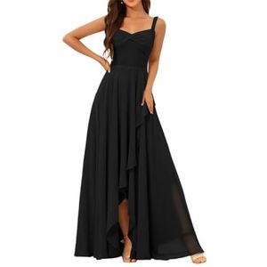 Chiffon bruidsmeisjesjurken voor dames, met split, lange baljurken, cocktailjurken, grote maten, Zwart, 32