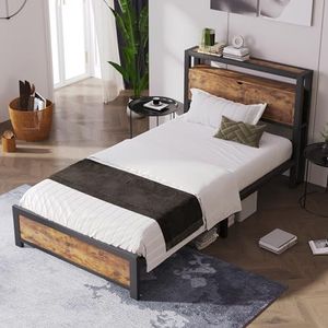 Aunvla Metaalbed, tienerbed, eenpersoonsbed, 90 x 200 cm, met opbergruimte hoofdeinde en metalen lattenbodem, metalen bedframe voor volwassenen, kinderen, jongeren, zwart, industrieel, bed