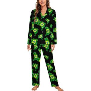 Aquarel Braziliaanse Vlag Kaart Lange Mouw Pyjama Sets Voor Vrouwen Klassieke Nachtkleding Nachtkleding Zachte Pjs Lounge Sets