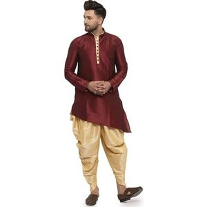 Lakkar Haveli Mannen Pakistaanse traditionele kastanjebruine shirt Kurta Trail Cut bruiloft party wear Gold Dhoti Pant Set Zijde, Kastanjebruin, XXS