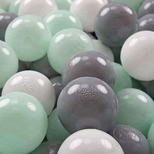 KiddyMoon 200 ∅ 7cm kinderballen speelballen voor ballenbad baby plastic ballen made in eu, wit/grijs/mint