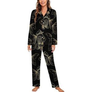 Gouden Vis Op Zwarte Lange Mouw Pyjama Sets Voor Vrouwen Klassieke Nachtkleding Nachtkleding Zachte Pjs Lounge Sets