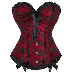 Women'S Bustier Corset Top - 12 Glue Bones Black Red Blue Floral Overlay Lace Overbust Corset Plus Size Undewear Corselet With 6 Busk Closure,Red,L