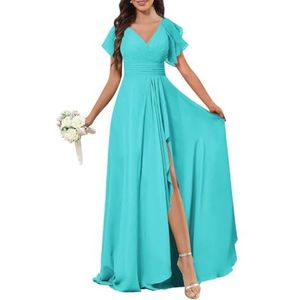Chiffon galajurken met spleetplooien, bruidsmeisjesjurken voor bruiloft, cocktailjurk, grote maten, Turkoois, 46