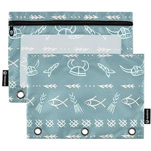 Wudan Leuke Handgetekende Retro Scandinavische Viking Ornamemt 3 Ring Binder Potlood Pouch 2 Pack Map Clear Document Zakken Rits Potlood Case Kantoorbenodigdheden Accessoires