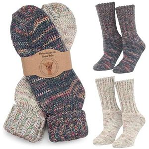MOUNTREX Alpaca-sokken, wollen sokken voor dames en heren, warme wintersokken, gebreide sokken met omslag, 2 paar, ecru/blauw, 37-41 EU