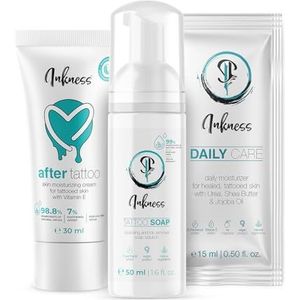 Inkness Tattoo Aftercare Set Basic - voor frisse tatoeage - na tattoo crème 30 ml, tattoo zeep 50 ml en Daily Care 15 ml - tatoeëerder goedgekeurd - 99% natuurlijke ingrediënten - veganistisch