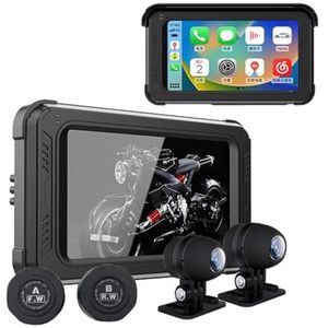 5 ""IPS Touchscreen Motorfiets Dash Cam Dual Lens 1080P, GPS Navigator Waterdichte IP65 WiFi Bluetooth 5.0 Media MP5 speler,Draadloos scherm Carplay/Android Auto projectie,Bandenspanningsbewaking