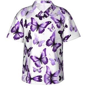 ERSDWRE Wit Paars Vlinders Print Heren Korte Mouw Button-Down Shirts Casual Zomer Strand Shirts Hawaii Shirt voor Mannen, Zwart, S