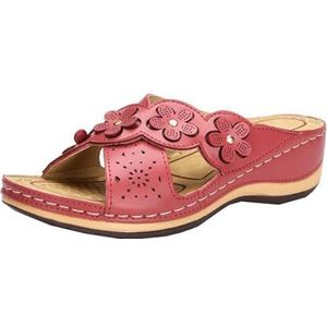 SDGHH-8MMDM Damesbloem-Sleehaksandalen Zomerbreedband Cross-Strandschoenen Orthopedische Dikke Zool Antislip Lederen Badslippers,Rood,41