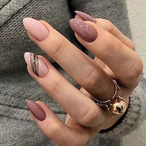 Prosy Franch 24 stks Amandel Nep Nagels Gouden Lijn Blauw Kleurrijke Glanzende Parel Valse Nail Acryl Art Volledige Cover Druk op Nagels Stick op Nagels voor Vrouwen en Meisjes (A)