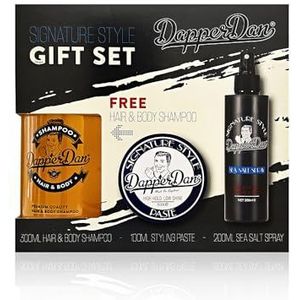 Dapper Dan Signature Style Geschenkset, Bevat Sterke Fixatie en Lage Glans Paste 100ml, Texturiserende Sea Salt Spray 200ml en Haar- en Lichaamsshampoo 300ml