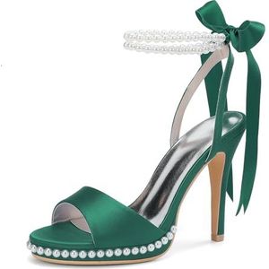 KYEGLO Dames Satijnen Parel Ronde Neus Stiletto Hoge Hak, Open Teen Sandalen Met Twee Parel Enkelbandjes - Feestelijke Trouwjurk Prom Schoenen,Groen,36