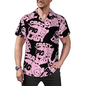 Crazy Pig Lady Heren Casual Button-Down Shirts Korte Mouw Cubaanse Kraag Tees Tops Hawaii T-shirt L