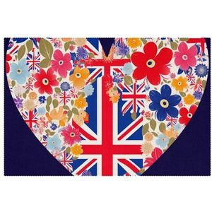 Placemats Set van 6, antislip placemats, eettafelmatten, Britse vlag hart bloem