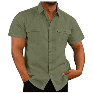 Linnen Overhemd Heren Linnen Overhemd Met Korte Mouwen Vrije Tijd Zomer Strandoverhemden T-shirts Casual T-shirt Casual Overhemden Button-down Regular Fit(Color:Green,Size:4XL)