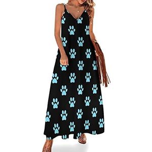 Blauwe pootjes patroon dames zomer maxi-jurk V-hals mouwloze spaghettiband lange jurk
