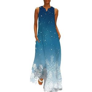 Blauwe kerstsneeuwvlokken dames enkellengte jurk slim fit mouwloze maxi-jurken casual zonnejurk 5XL
