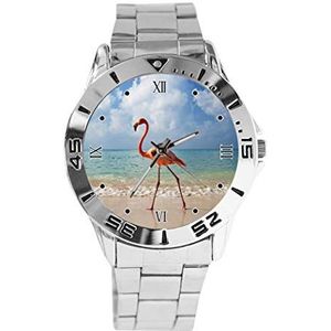 Flamingo wandelen op het strand ontwerp analoog polshorloge quartz zilveren wijzerplaat klassieke roestvrij stalen band vrouwen heren horloge