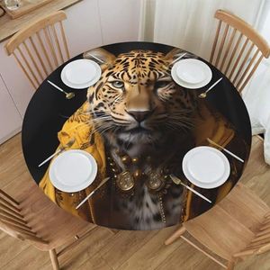 Luipaard in een leren jas met patroon rond tafelkleed, waterdicht en afveegbaar met elastische randen, geschikt voor het decoreren van ronde tafels.