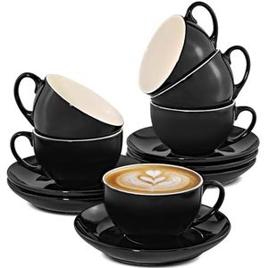 Cosumy Set van 6 cappuccino kopjes met schotels - Keramisch zwart - Vaatwasmachinebestendig - Houdt Lang Warm - 180ml