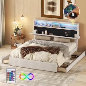 VSOGA Tweepersoonsbed, gestoffeerd bed, opbergruimte, hoofdeinde met USB-opladen en ledverlichting, functioneel bed met vier laden, beige, 140 x 200 cm