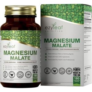 Ezyleaf Magnesium malaat | 1000 mg magnesium malate per portie – 180 capsules magnesiumalaat | veganistisch en zonder vulstoffen | magnesiumcomplex | vrij van genetische manipulatie, gluten en