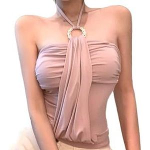 OHERUWKLS Dames Zomer Roze Holle Geplooide Metalen Blootgestelde Buis Top Bretels Halter Nek Top,Roze,L