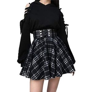 SIPEIEN geruite A-lijn rok voor vrouwen, gothic, hoge taille, geplooid, wijd uitlopende korte mini skaterrok, Zwart, XL