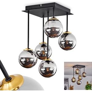 Chehalis plafondlamp, moderne plafondlamp van metaal/gerookt glas in zwart/messing/chroom, lamp met bolvormige glazen kappen, 5-lamps, 5 x G9, zonder gloeilampen