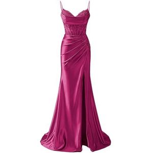 YIANN Satijnen baljurk met spaghettibandjes voor dames, met split, kant, applicatie, zeemeermin, lange baljurk, formele jurk, Fuchsia, 32