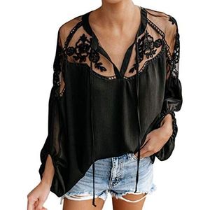 Lady Tops Sexy Kant Bloemen V-hals Lange Puff Mouw Patchwork Off Shoulder Losse Plain T-Shirt Blouse Zomer Casual Strand Vakantie Pullover Tee