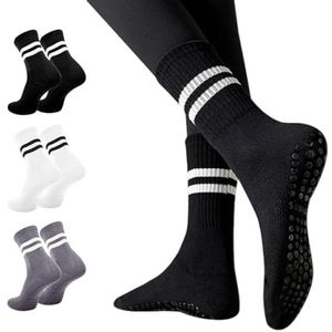 3 paar Pilatessokken voor dames, lange sokken met dubbele strepen, antislip pilates sokken, voor Yoga Ballet Blotevoetentraining Anti Slip Atletische Sokken(Zwart, Wit of Grijs)