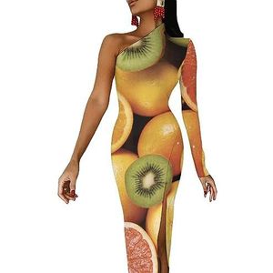 Kleurrijke Vers Fruit Vegan Zomer Maxi Jurk Voor Vrouwen Half Mouw Lange Jurk Slanke Split Avondjurken M