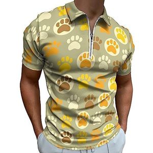 Leuke kat poot prints poloshirt voor mannen casual rits kraag T-shirts golf tops slim fit
