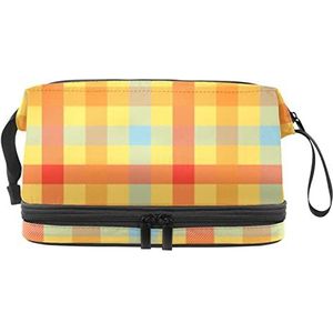 Multifunctionele opslag reizen cosmetische tas met handvat,Tartan oranje kleur patroon,Grote capaciteit reizen cosmetische tas, Meerkleurig, 27x15x14 cm/10.6x5.9x5.5 in