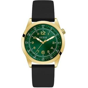 GUESS Heren 42mm horloge - zwarte band groene wijzerplaat gouden toon kast, zwart, Zwart, riem