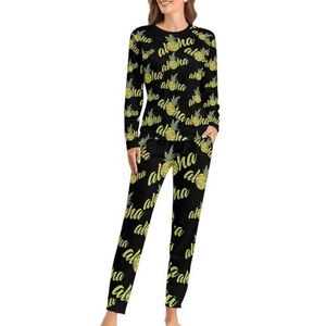 Aloha Ananas Zachte Dames Pyjama Lange Mouw Warm Fit Pyjama Loungewear Sets met Zakken 2XL
