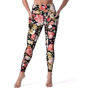 Rode En Roze Bloemen Vrouwen Yoga Broek Hoge Taille Leggings Buikcontrole Workout Running Leggings M