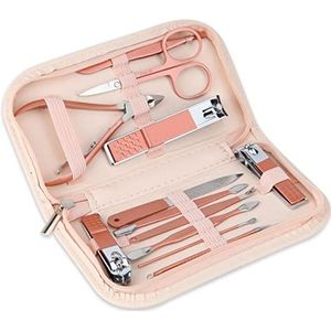 Nagelknipper en beautytool, draagbare set, roségoud, martensitisch roestvrij staal, manicureset 12-in-1, met roze leren tas, geschikt voor thuis, werkplek, buitenreizen, cadeau geven, schoonheidssalon