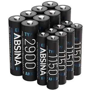 ABSINA 8X AA Mignon 2900 & 8X AAA Micro 1150 accu - NiMH oplaadbare batterijen met 1,2 V - accu's voor apparaten met hoog stroomverbruik - batterijen ideaal voor flitsers, Wii & Xbox controller,